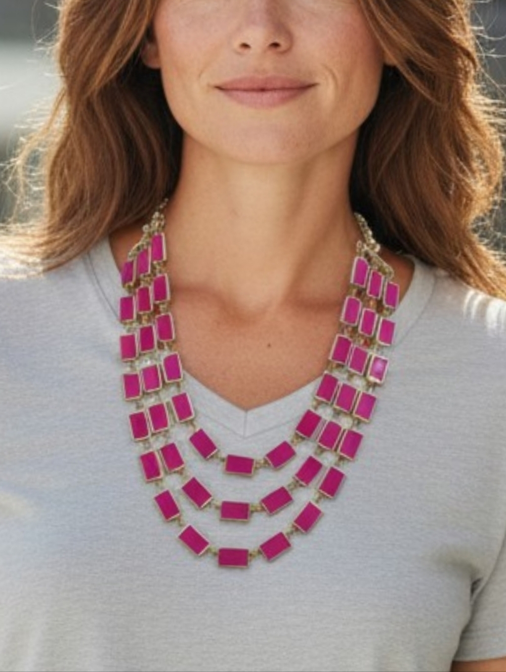 Three-Strand Fuchsia Rectangle Statement Necklace